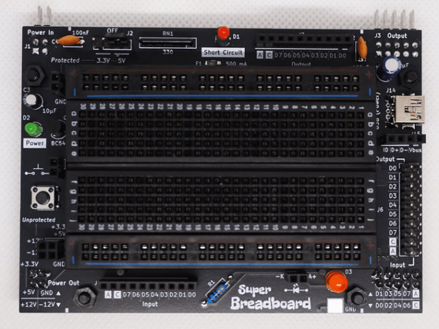 tindie's tweet card. This is no ordinary breadboard. While the centre utilizes a standard 400 pin breadboard, it’s all the goodies around the outside that set this Super Breadboard prototyping device apart. Easil…