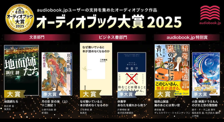 robotstart's tweet card. オーディオブックの「audiobook.jp」を運営する株式会社オトバンクは、オーディオブックアワード「オーディオブック大賞2025」を発表した。 株式会社オトバンク / 「オーディオブック大賞2025」を発表！ 文芸大賞『地面師たち』、ビ
