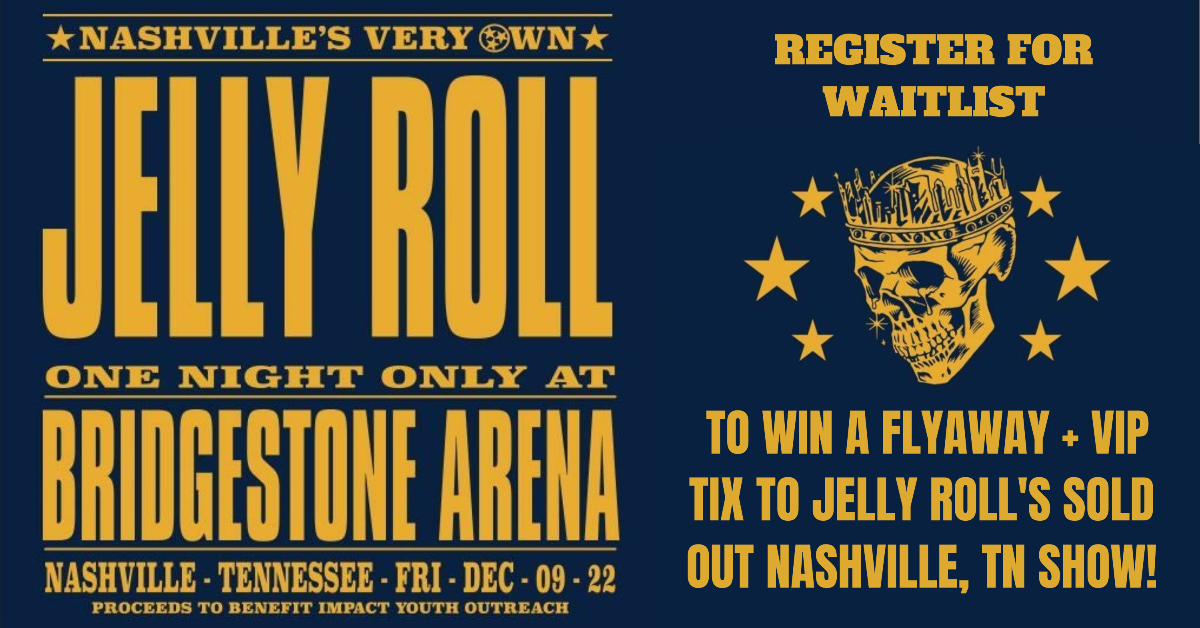 mstevijo's tweet card. Register for Waitlist now and enter to win Flights and Accommodations to Nashville, TN for Jelly Roll’s SOLD OUT, first-ever headlining show at Bridgestone Arena on December 9, 2022. Winner will...