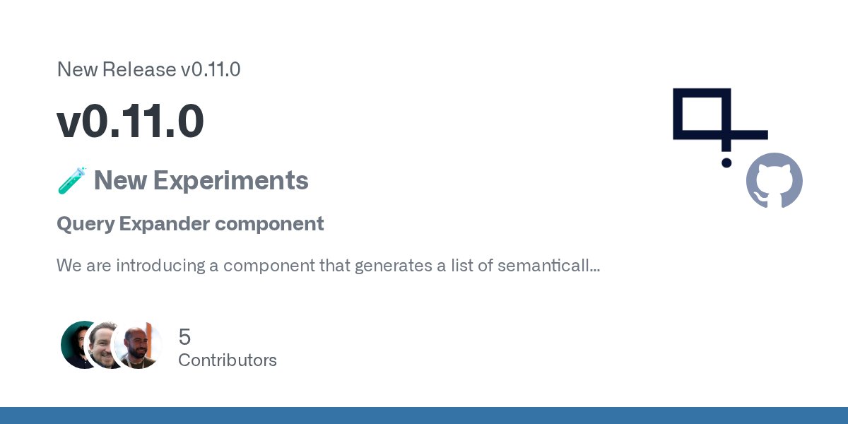 Haystack_AI's tweet card. 🧪 New Experiments Query Expander component We are introducing a component that generates a list of semantically similar queries to improve retrieval recall in RAG systems. from haystack.components...