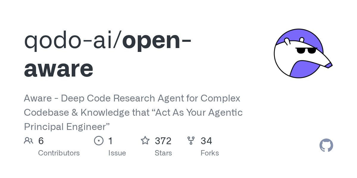 ayonzhang's tweet card. Aware - Deep Code Research Agent for Complex Codebase & Knowledge that “Act As Your Agentic Principal Engineer” - GitHub - qodo-ai/open-aware: Aware - Deep Code Research Agent for Complex ...