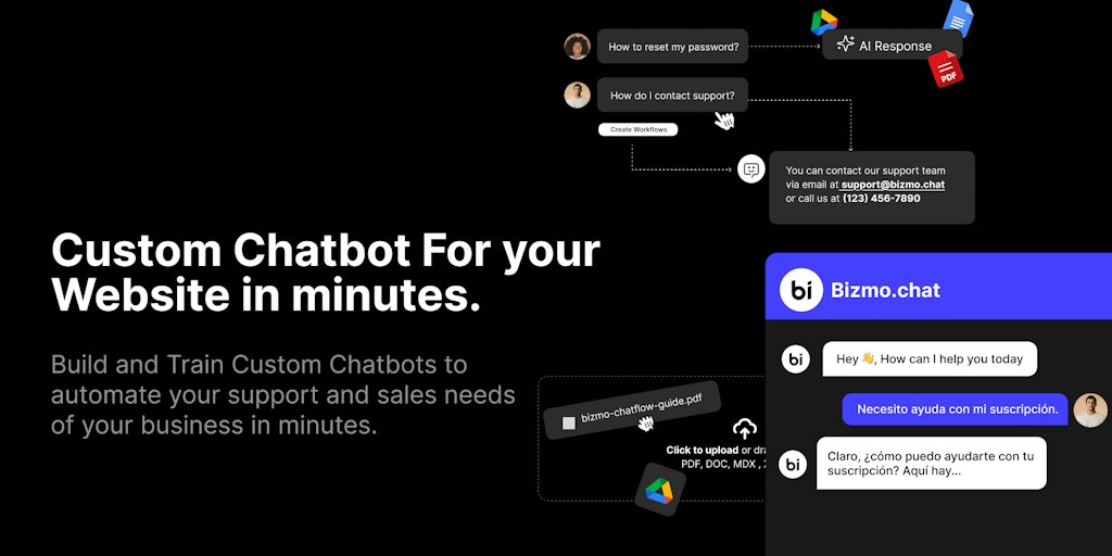 sreeragh_s's tweet card. Bizmo.Chat is an AI-powered chatbot platform for businesses to automate support and sales. Train bots using your content, design custom chatflows, capture leads, and analyze performance. Easy setup,...