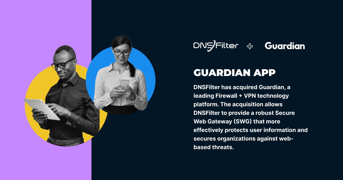 DNSFilter's tweet card. DNSFilter Has Acquired
Guardian App. Guardian is the safest and most secure way to protect your privacy and data while using apps and browsing the web on your iOS device.