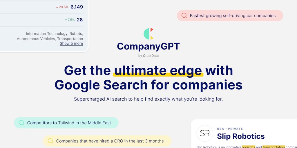 crustdata's tweet card. Discover and build list of companies by description using AI. Stop wasting hours in researching and screening companies Quickly screen companies on - headcount growth - web traffic growth - ad spend...