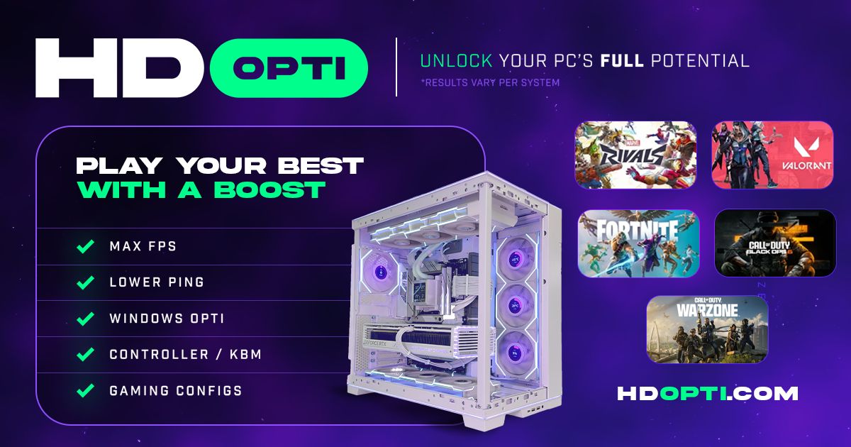 HDOPTI's tweet card. Optimize your PC and boost FPS with HD OPTI. Lower latency and improve hit registration for smoother, more responsive gaming.