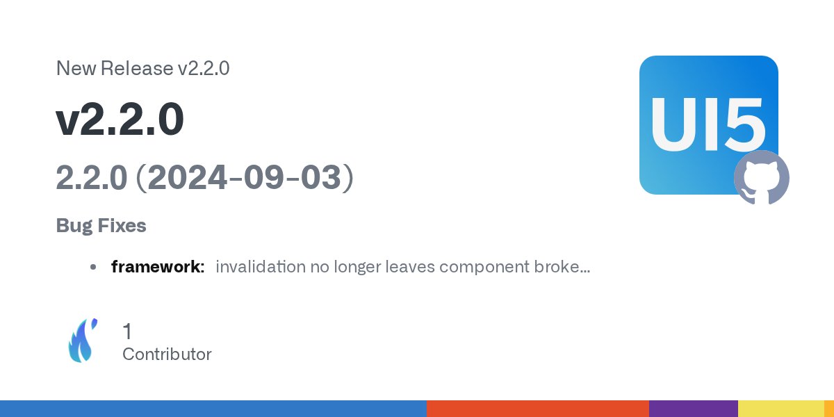 ui5webcomps's tweet card. 2.2.0 (2024-09-03) Bug Fixes framework: invalidation no longer leaves component broken after error in onBeforeRendering (#9635) (136bd5a) framework: stop attribute change calling property setter ...