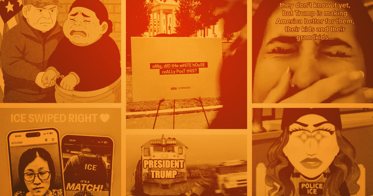 MotherJones's tweet card. Joking memes about imprisonment, deportation, and death by alligator are designed to radicalize and desensitize.