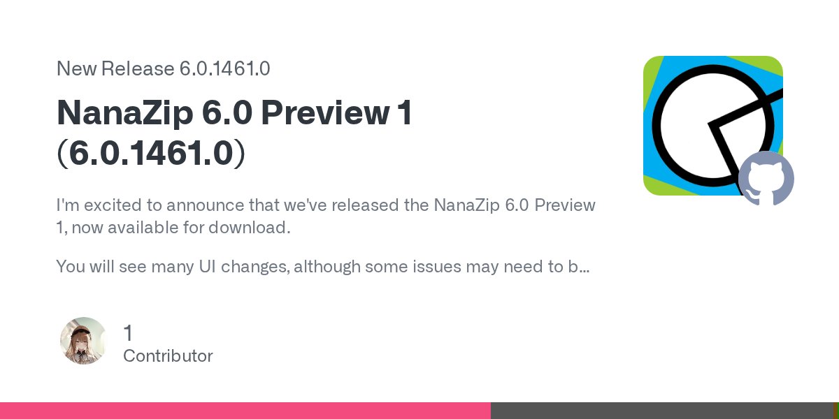 M2TeamOfficial's tweet card. I'm excited to announce that we've released the NanaZip 6.0 Preview 1, now available for download. You will see many UI changes, although some issues may need to be resolved in future prev...