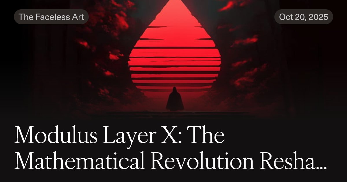 theFacelessArt's tweet card. Modulus Layer X represents a mathematical revolution in blockchain architecture through Dr. Jamie Gabbay's direct translation of First-Order Logic to polynomials. This innovation bypasses Virtual...