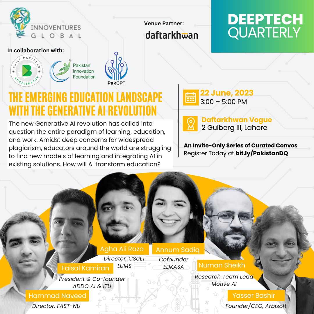 AtharOsama's tweet card. Round1 of #DeeptechQuarterly focusses on Artificial Intelligence and Generative AI. We're hosting 3 conversations in #ISB #LHE and #KHI focusing on AI Policy, Education, and Skills. In this series of...