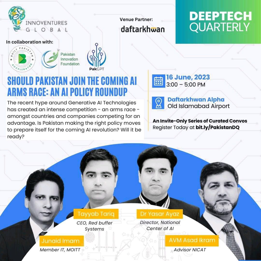 AtharOsama's tweet card. Round1 of #DeeptechQuarterly focusses on Artificial Intelligence and Generative AI. We're hosting 3 conversations in #ISB #LHE and #KHI focusing on AI Policy, Education, and Skills. The first of this...