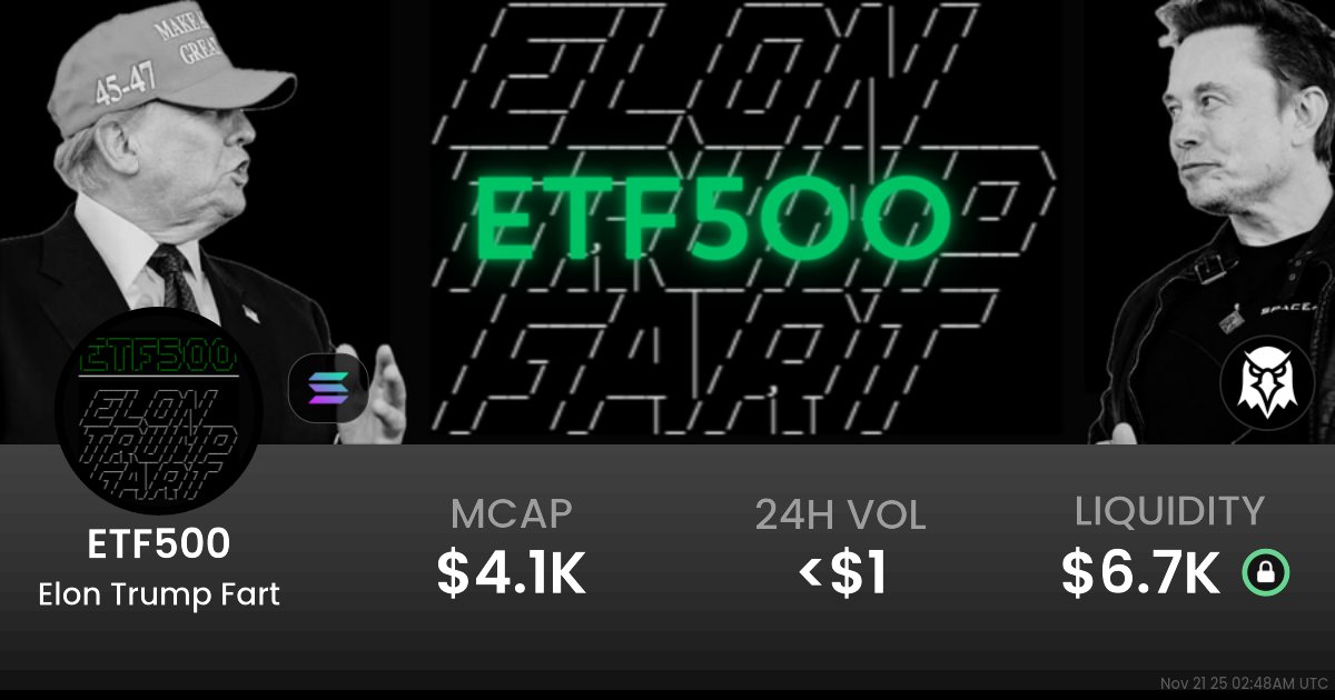 Etf500_CTO's tweet card. $0.000005377 Elon Trump Fart (ETF500) realtime price charts, trading history and info - ETF500 / SOL on Solana / Raydium