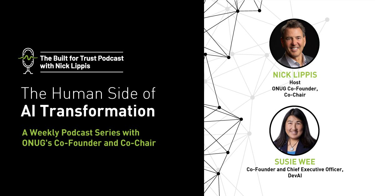 DevAISolutions's tweet card. Discover the human side of AI transformation in this episode of the Built for Trust Podcast with Nick Lippis and Susie Wee from DevAI.