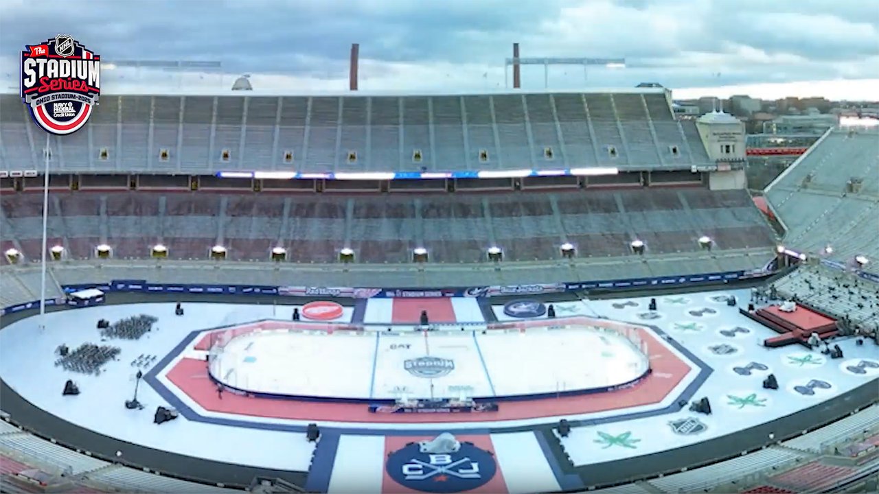 BaAMProductions's tweet card. See Day 12 of the rink being built at Ohio Stadium for the 2025 Stadium Series between the Red Wings and Blue Jackets tonight at 6PM ET on ESPN, ESPN+, Disney+, Sportsnet+, FX and TVA Sports