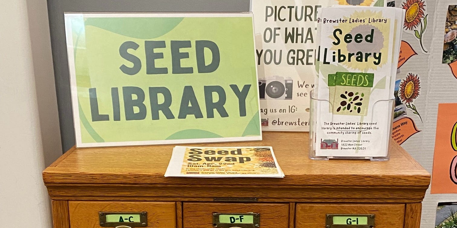 BlueLibrarians's tweet card. Fennel with fiction? Beans with biographies? Several Cape Cod libraries have free seed libraries, offering patrons packets of planting possibilities.