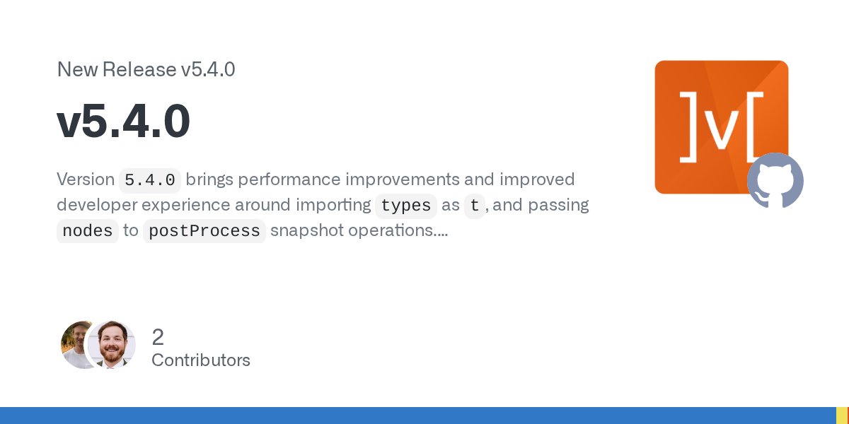 MSTjavascript's tweet card. Version 5.4.0 brings performance improvements and improved developer experience around importing types as t, and passing nodes to postProcess snapshot operations. Breaking Changes No breaking chan...