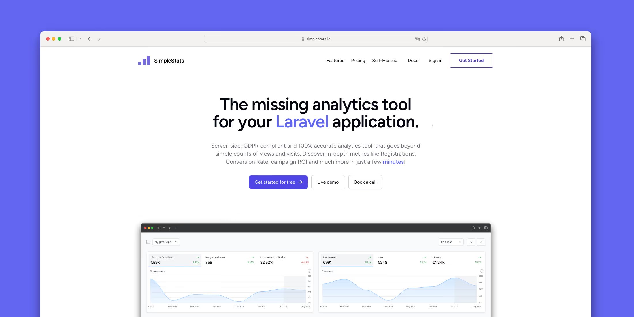 laravelnews's tweet card. SimpleStats - a Server-side, GDPR compliant and 100% accurate analytics tool, that goes beyond simple counts of views and visits. Discover in-depth metrics like Registrations, Conversion Rate,...