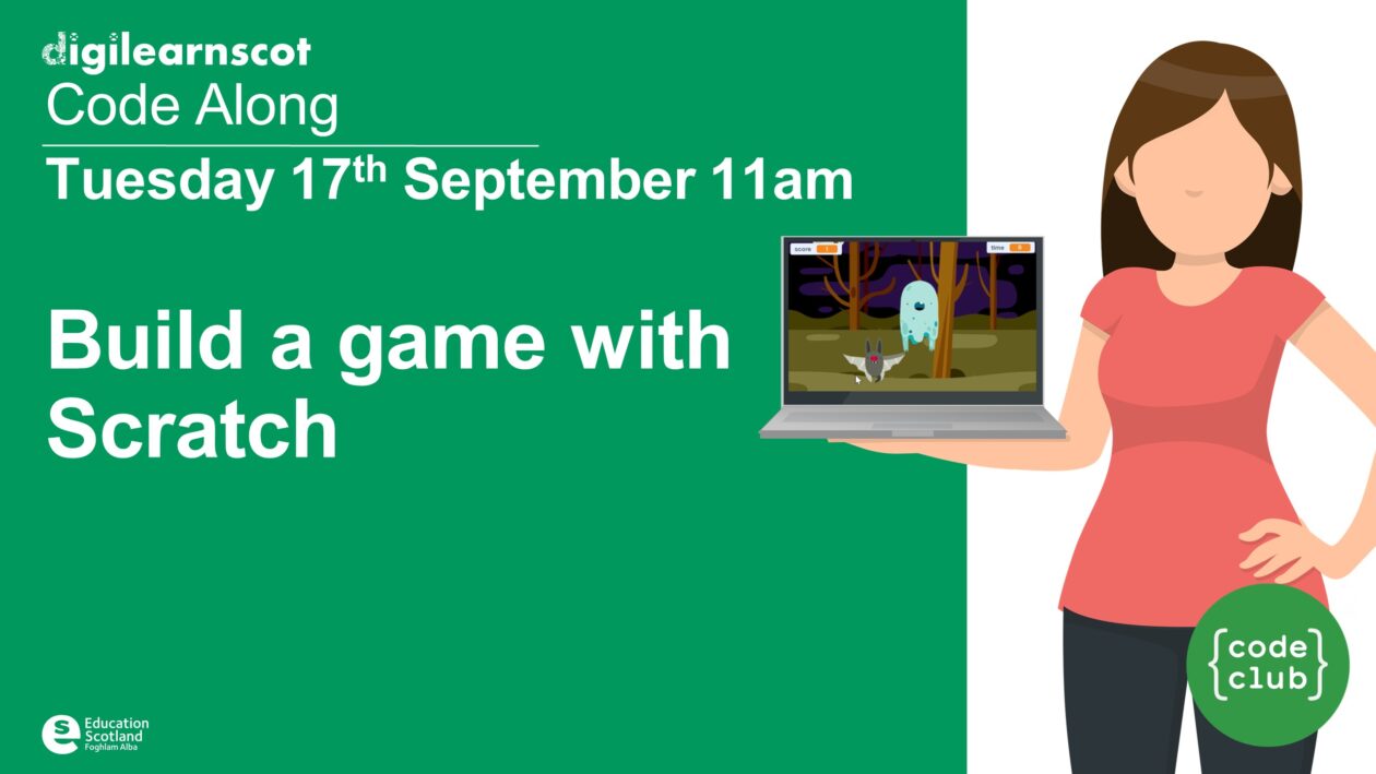 DigiLearnScot's tweet card. Tuesday 17th September 2024 at 11am In this live code along lesson with Rebecca from Code Club, you and you learners will make a ghost-catching game! Each pupil will need access to Scratch 3 (eithe…