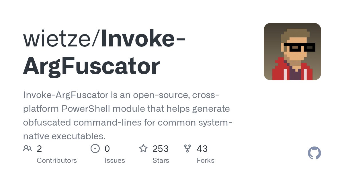 SecurePeacock's tweet card. Invoke-ArgFuscator is an open-source, cross-platform PowerShell module that helps generate obfuscated command-lines for common system-native executables. - wietze/Invoke-ArgFuscator