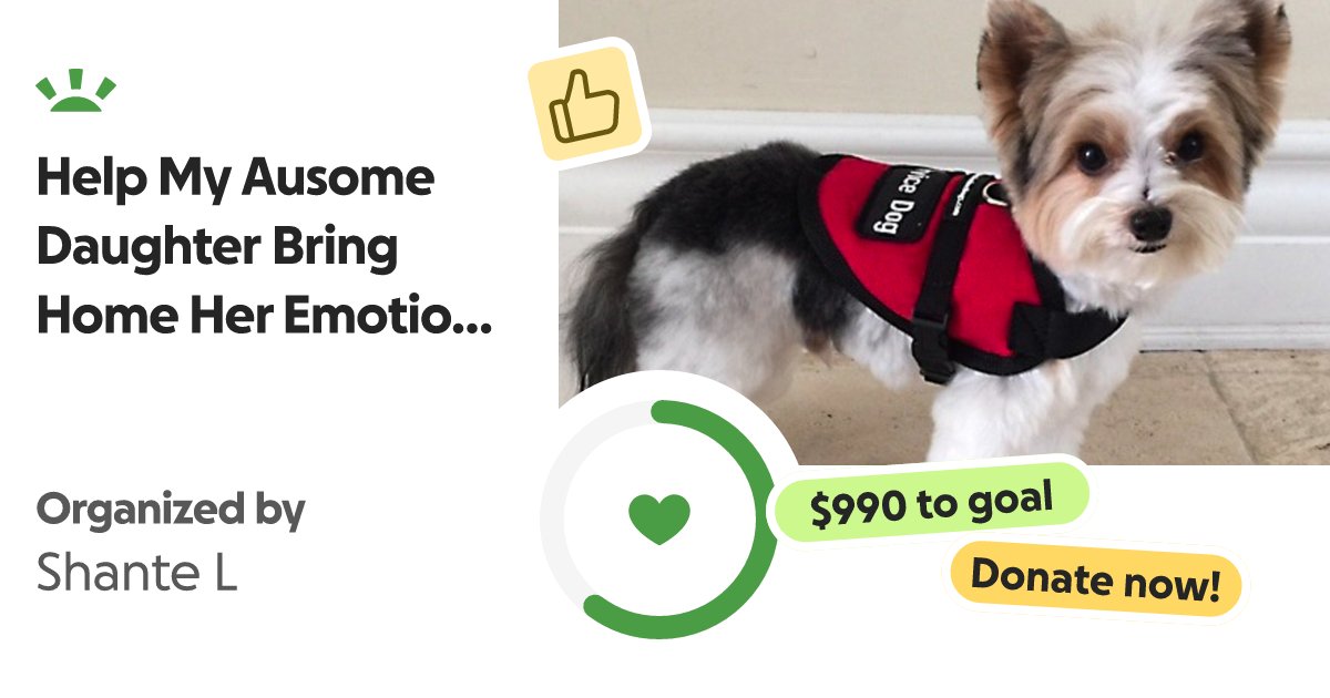 MsSPledger's tweet card. My daughter lights up around dogs;they’re her calm, her joy, and… Shante L needs your support for Help My Ausome Daughter Bring Home Her Emotional Support Dog