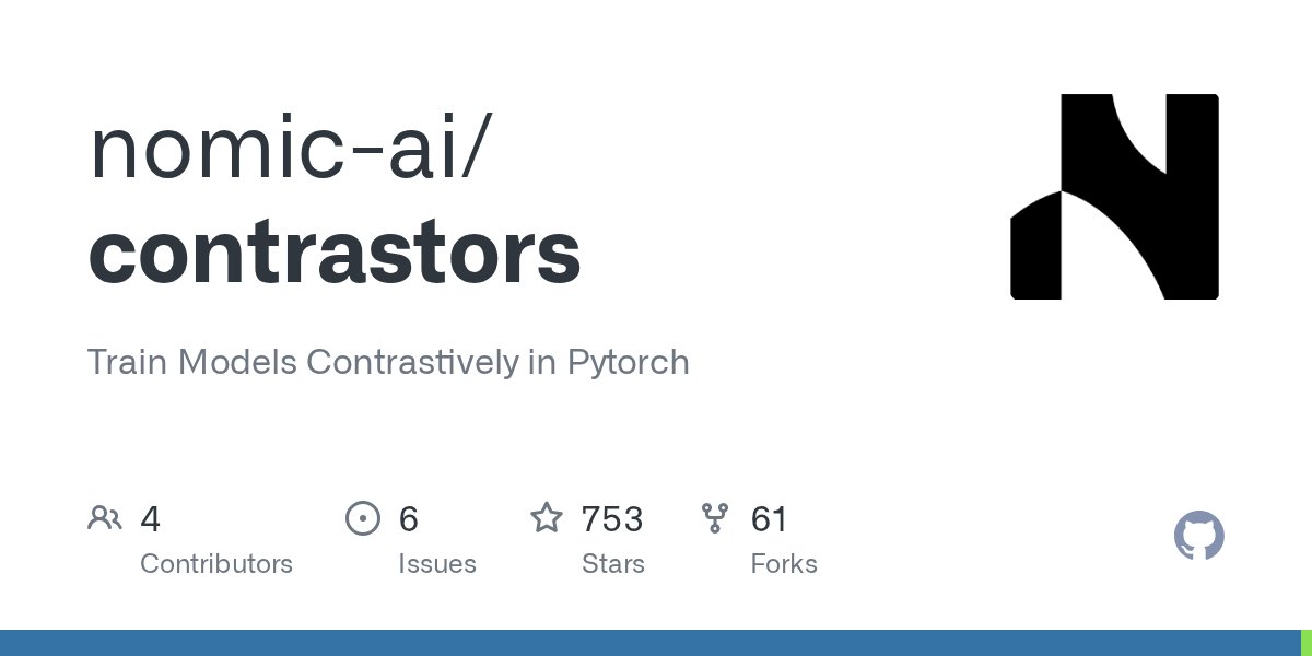 PyTorchPractice's tweet card. Train Models Contrastively in Pytorch. Contribute to nomic-ai/contrastors development by creating an account on GitHub.