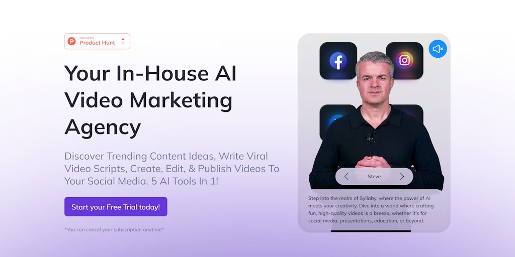 TrySyllaby's tweet card. Elevate your social media presence with Syllaby.io. Discover viral topics, craft engaging scripts with our AI, and publish captivating videos effortlessly. Our AI-powered Digital Twin Avatars enrich...
