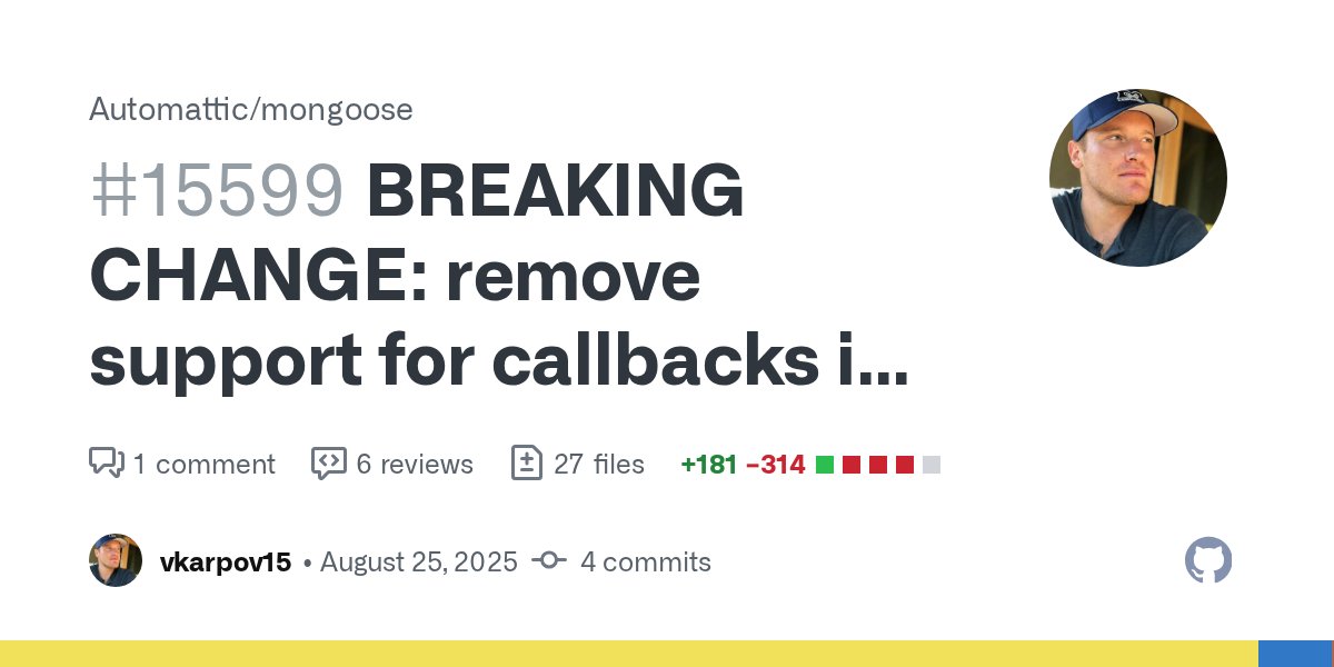 mongoosejs's tweet card. Fix #11531 Summary The key issue in #11531 is that next() takes up some prime real estate in pre() middleware as the first parameter to the middleware function. With pre('insertMany...