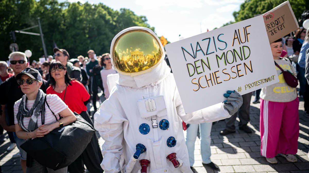 Protestonaut's tweet card. Unter dem Slogan „Keine Ausreden mehr!“ werden Politiker von den Demonstranten aufgefordert, ein Verbotsverfahren gegen die AfD einzuleiten.