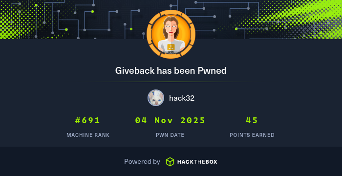 Hack32_'s tweet card. I have just owned machine Giveback from Hack The Box