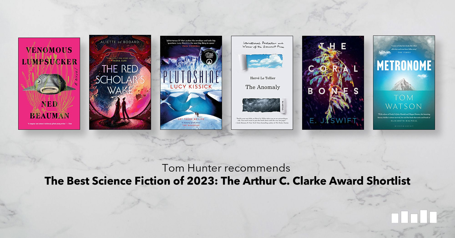five_books's tweet card. The best science fiction of 2023, books shortlisted for the Arthur C Clarke Award and discussed by prize director Tom Hunter