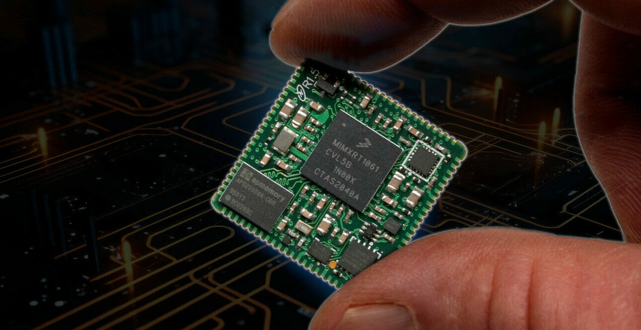 NetBurner's tweet card. Announcing the new NetBurner NXP i.MX ARM® Cortex® M7 powered embedded Ethernet System-on-Module: everything needed for secure industrial-grade IoT in an affordable 1-inch square package!