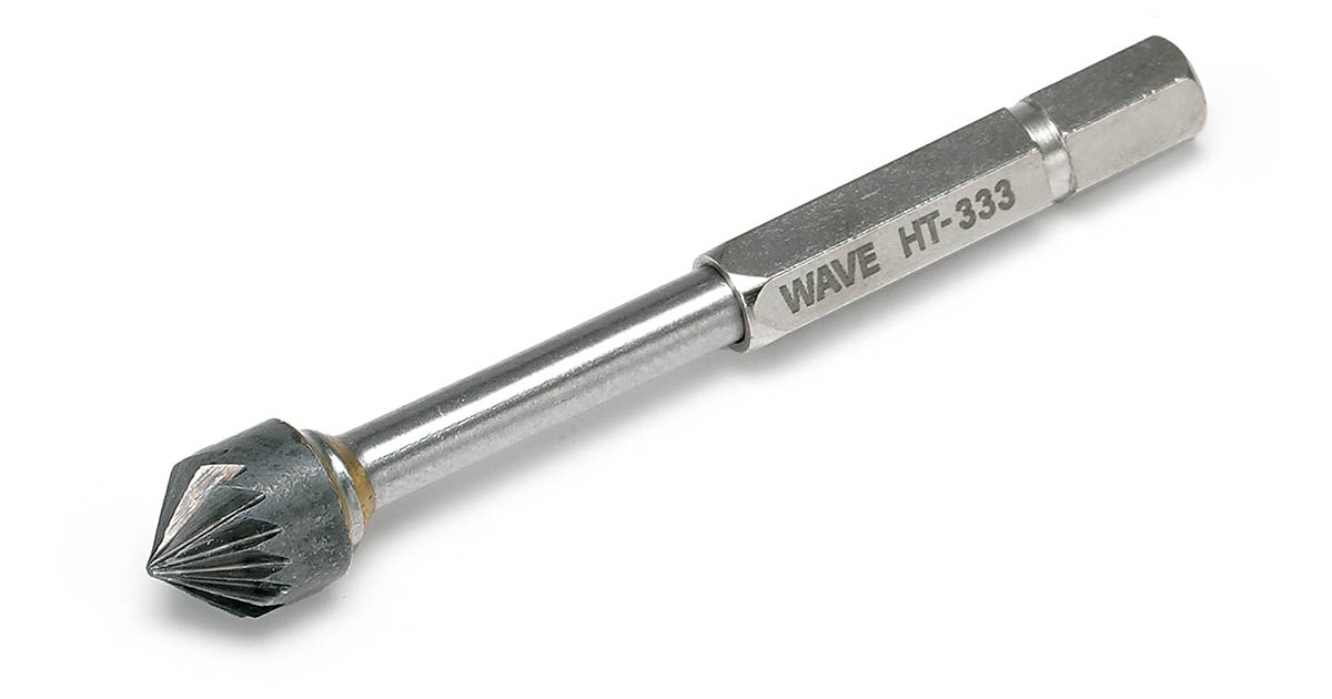 wave_corp's tweet card. 開口した穴のフチをすり鉢状に加工できる面取りビット！