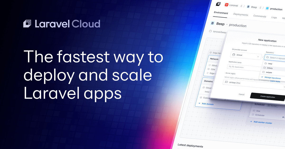 laravelphp's tweet card. Deploy and scale Laravel applications without managing servers. Built-in autoscaling, databases, caching, and security. Get started in under 60 seconds with zero configuration needed.
