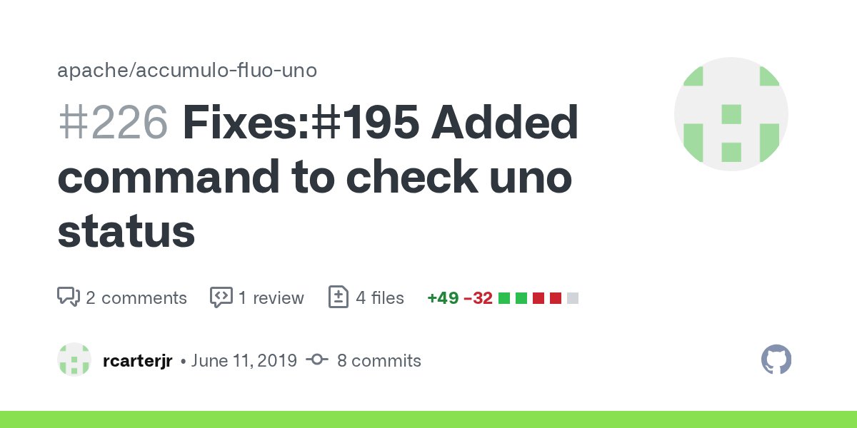 ApacheFluo's tweet card. The command 'uno status' will show if Accumulo, Hadoop, Zookeeper, or none are currently running. This was inspired by the issue #195 I also refactored a few files where there were ...