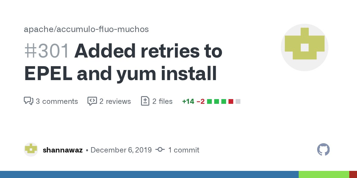 ApacheFluo's tweet card. Adds resiliency to EPEL and yum installs so that Muchos setup does not fail due to transient network issues.