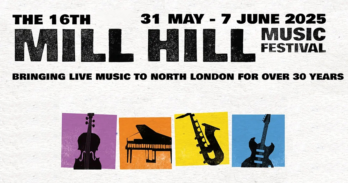 BBCECB's tweet card. The Sixteenth Mill Hill Music Festival with The Silencerz, Uncovered Opera, Jazz Dynomos, Cellophonics, and The BBC Elstree Concert Band, Razzamajazz Dixieland Band and Recycled