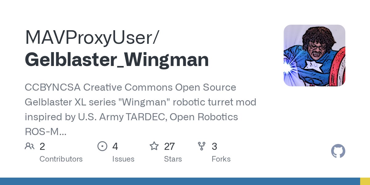 d0tslash's tweet card. CCBYNCSA Creative Commons Open Source Gelblaster XL series "Wingman" robotic turret mod inspired by U.S. Army TARDEC, Open Robotics ROS-M & GVSC RTK - MAVProxyUser/Gelblaster_Wingman