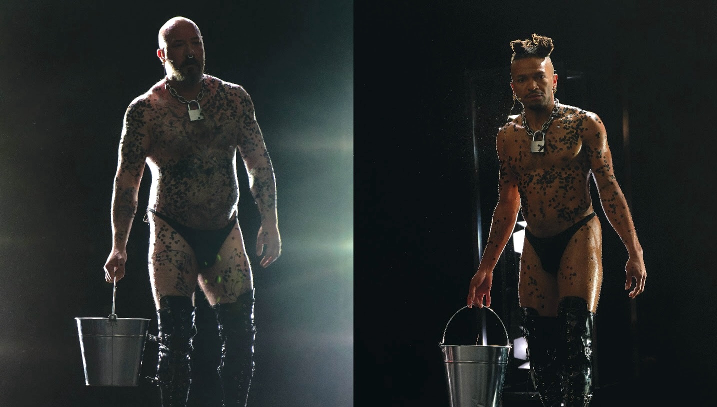 48hills's tweet card. At Counterpulse, two dancers charge a labyrinthian trope—each in their own way, simultaneously (milk buckets included)