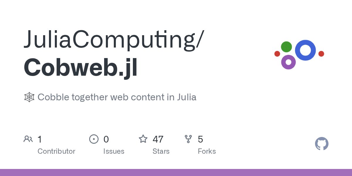 heyjoshday's tweet card. 🕸️ Cobble together web content in Julia. Contribute to JuliaComputing/Cobweb.jl development by creating an account on GitHub.