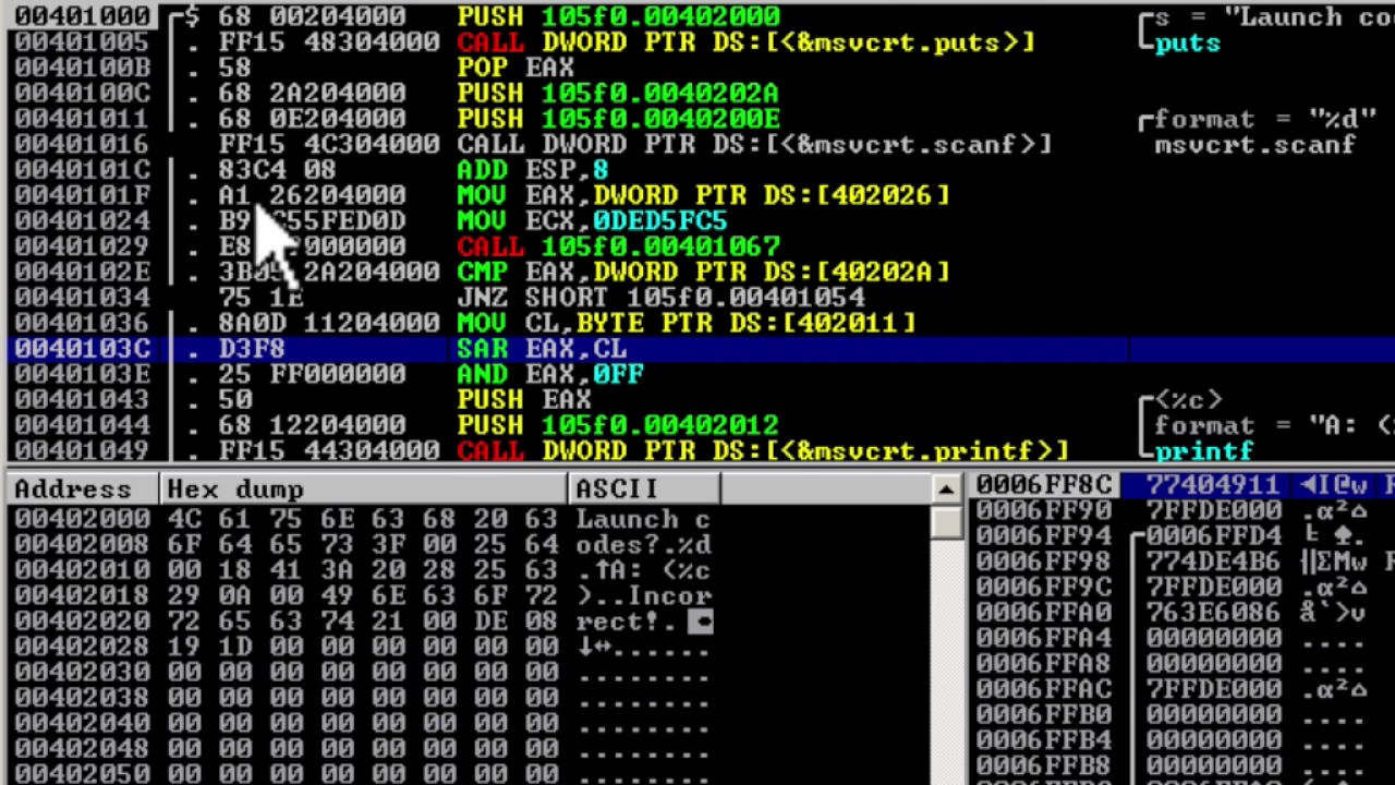 sambowne's tweet card. CNIT 127: Using OllyDbg to Solve the 67k Challenge from EasyCTF 2017
