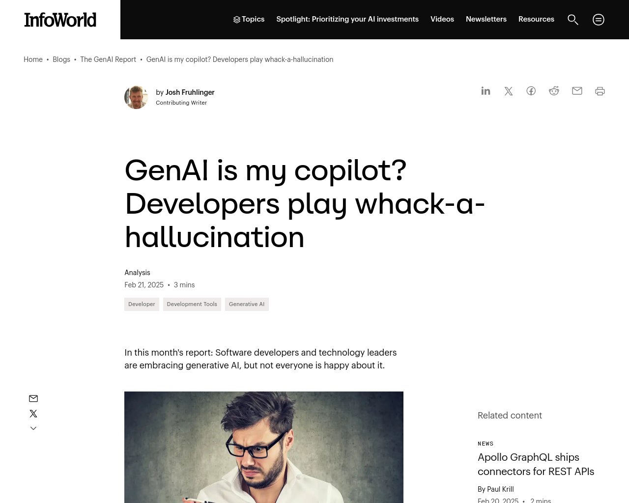 managetech_inc's tweet card. 開発者は、生成AIツールをワークフローの一部として迅速に受け入れる傾向があります。 生成AI vs. ソフトウ