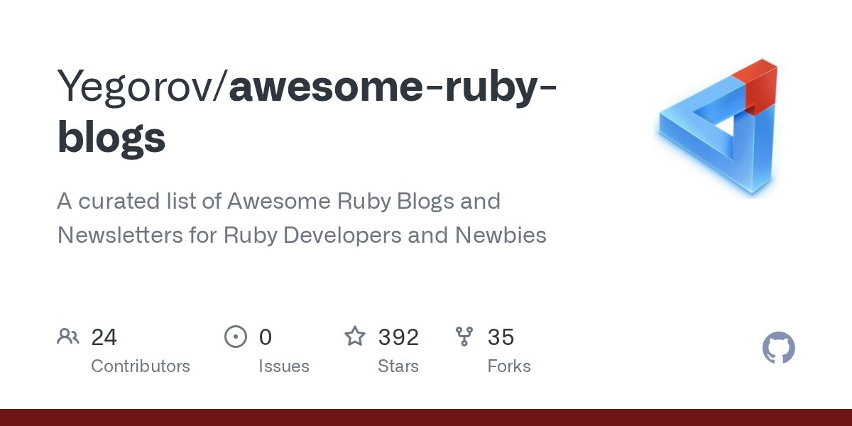 jchibbard's tweet card. A curated list of Awesome Ruby Blogs and Newsletters for Ruby Developers and Newbies - Yegorov/awesome-ruby-blogs