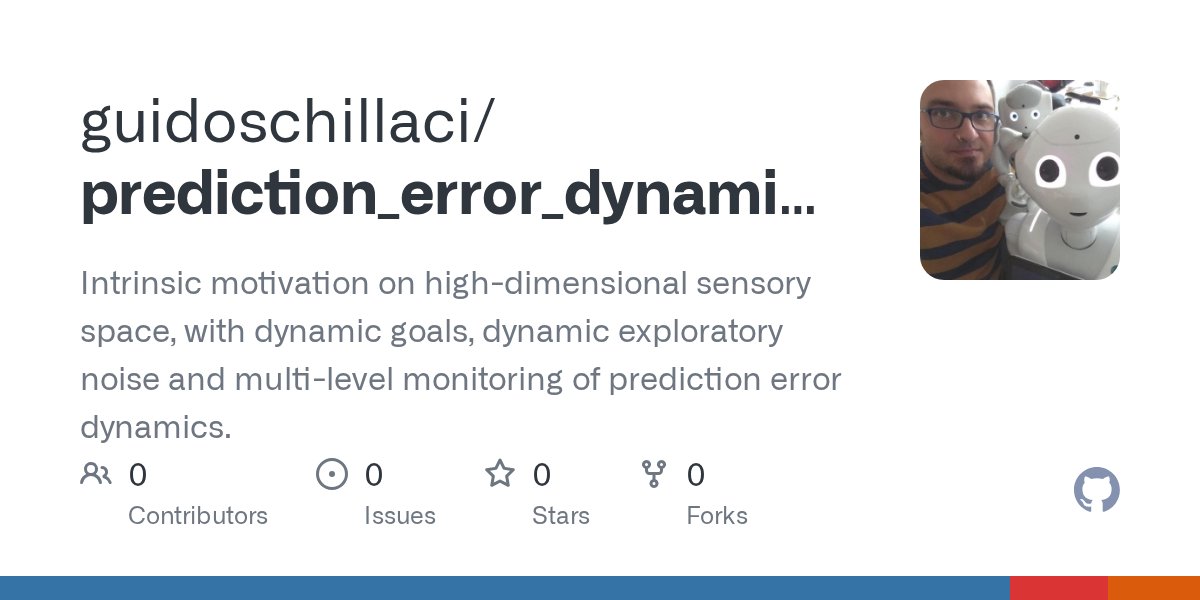 guido_schillaci's tweet card. Intrinsic motivation on high-dimensional sensory space, with dynamic goals, dynamic exploratory noise and multi-level monitoring of prediction error dynamics. - guidoschillaci/prediction_error_dyna...