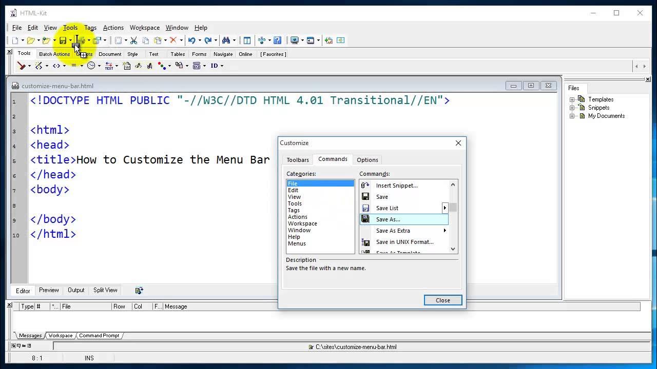 htmlkit's tweet card. How to customize the menu bar in HTML-Kit 292