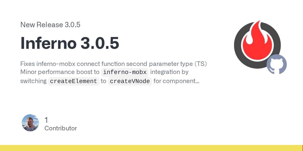 inferno_js's tweet card. Fixes inferno-mobx connect function second parameter type (TS) Minor performance boost to inferno-mobx integration by switching createElement to createVNode for component wrappers Ensure component ...