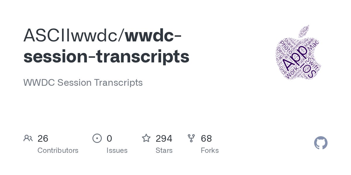 ASCIIwwdc's tweet card. WWDC Session Transcripts. Contribute to ASCIIwwdc/wwdc-session-transcripts development by creating an account on GitHub.