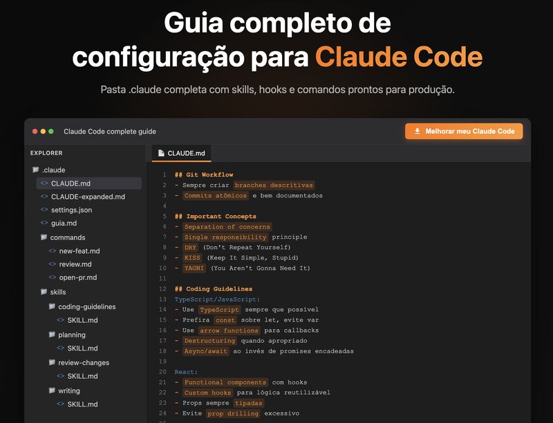 product_gurus's tweet card. Sobre essa postagem "Acabei de liberar GRATUITAMENTE meu Guia Completo de Configuração para Programação usando IA. (Claude Code)" Edit: Pedi para Claude Code se inspirar em outro GUIA, esse é o site...