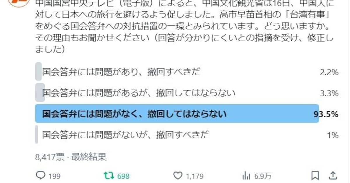 benkyokai1's tweet card. 産経ニュースの1コーナー「週刊フジ」のX（旧ツイッター）アカウント「こちら『週刊フジ』です」は17日夕から18時間、高市早苗首相の「台湾有事」をめぐる国会答弁…