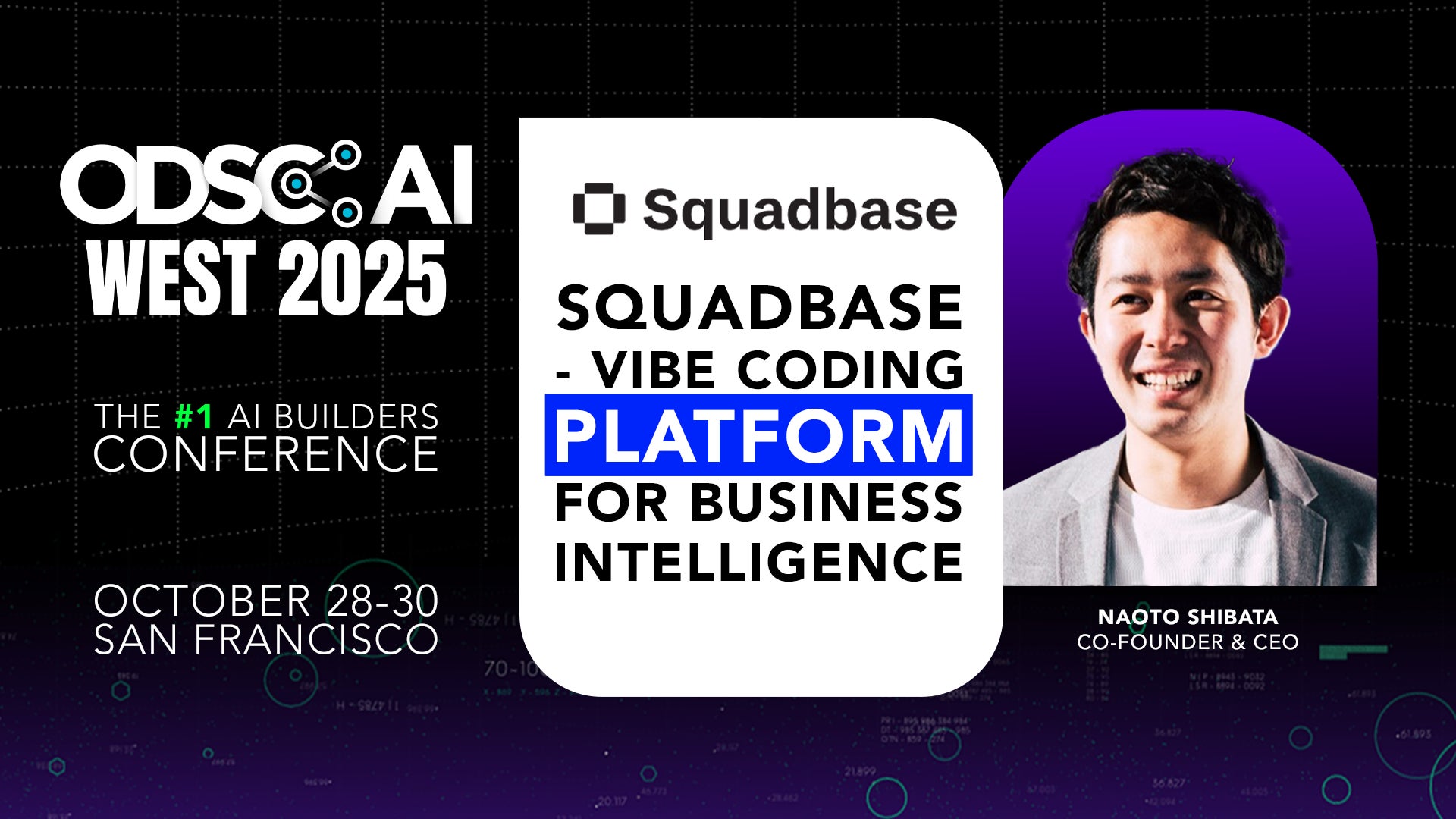 squadbasejp's tweet card. 株式会社Queueのプレスリリース（2025年10月14日 11時00分）世界最大級のデータ・AIカンファレンス ODSC AI West 2025 にて、Squadbase CEO の柴田直人が “バイブコーディングでBIを再構築する” というテーマで登壇