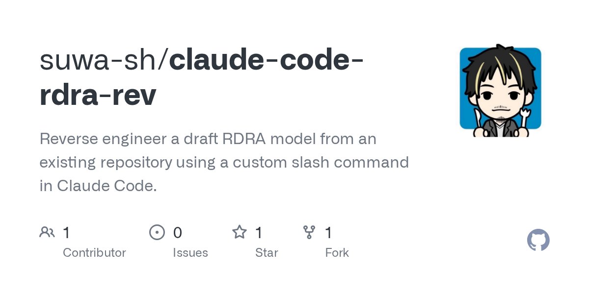 suwa_sh's tweet card. Reverse engineer a draft RDRA model from an existing repository using a custom slash command in Claude Code. - suwa-sh/claude-code-rdra-rev